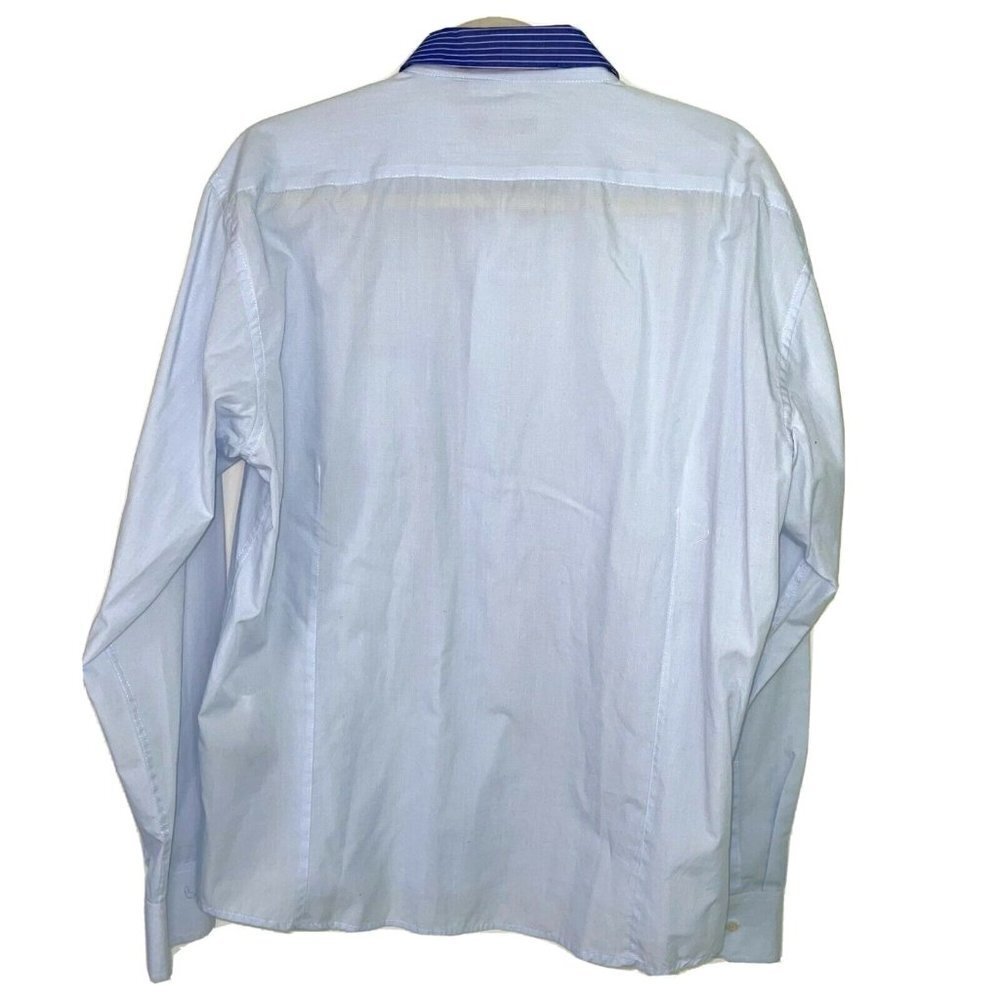 Oleg Cassini Skinny Shirt XL Mens Vintage Cotton Blue Pink Striped Pocket Collar - Picture 2 of 12